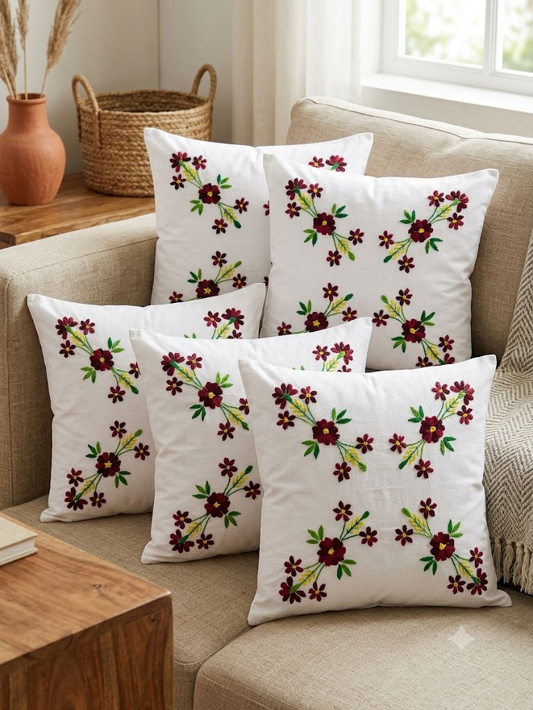Hand Embroidered Cotton Cushion Covers (Set of 5)