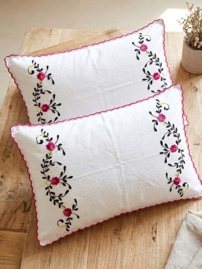 Chikonwala Hand-Embroidered Floral Pillow Cover Set– Set of 2