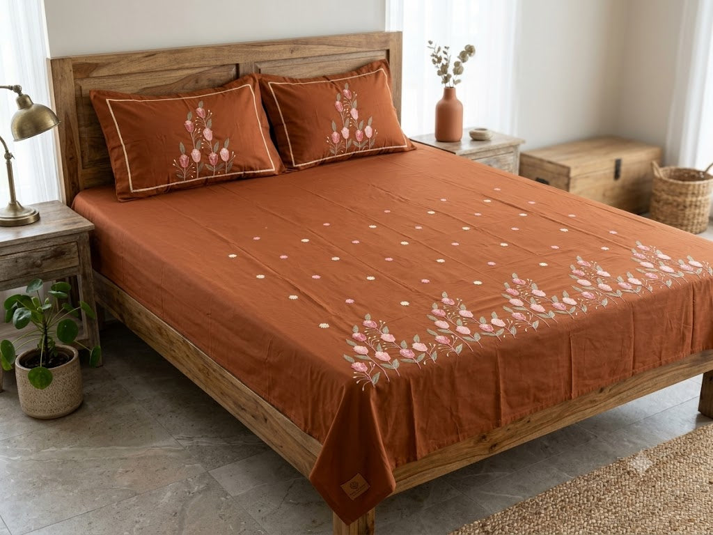 Premium Designer Embroidered Satin Cotton Bedsheet Set