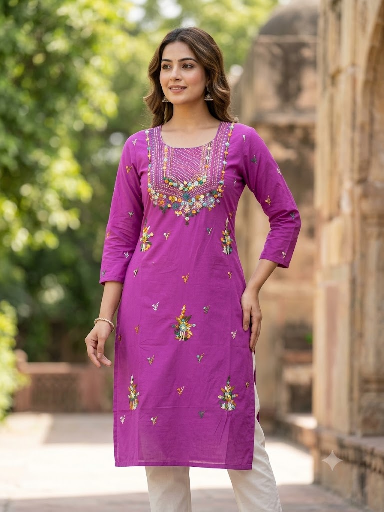 Hand Embroidered Pure Cotton Kurti Material | 3 Meter Premium Fabric | Made in India