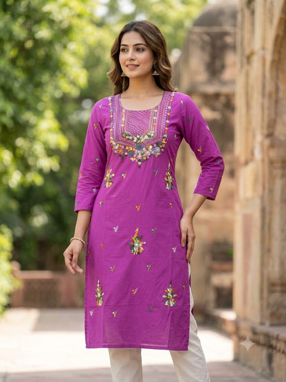 Hand Embroidered Pure Cotton Kurti Material | 3 Meter Premium Fabric | Made in India
