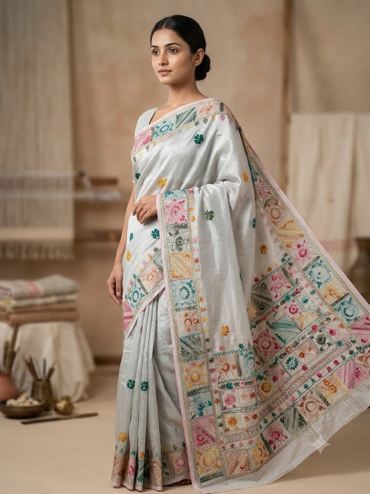 Premium Handcrafted Bullion Stitch Work Chanderi Saree with Blouse Piece