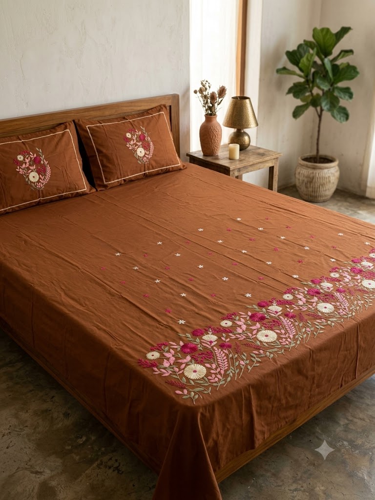 Premium Designer Embroidered Satin Cotton Bedsheet Set