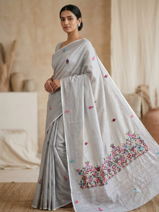 Premium Handcrafted Bullion Stitch Work Chanderi Saree with Blouse Piece
