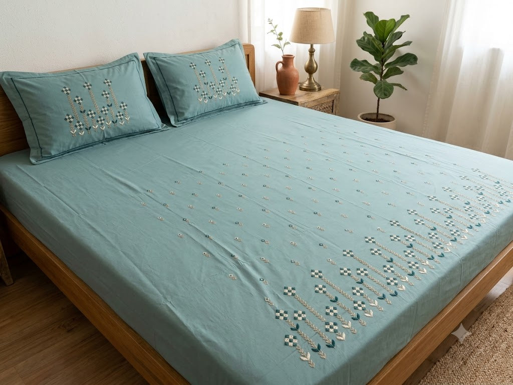 Premium Designer Embroidered Satin Cotton Bedsheet Set