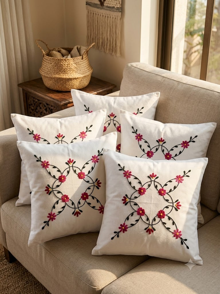 Hand Embroidered Cotton Cushion Covers (Set of 5)