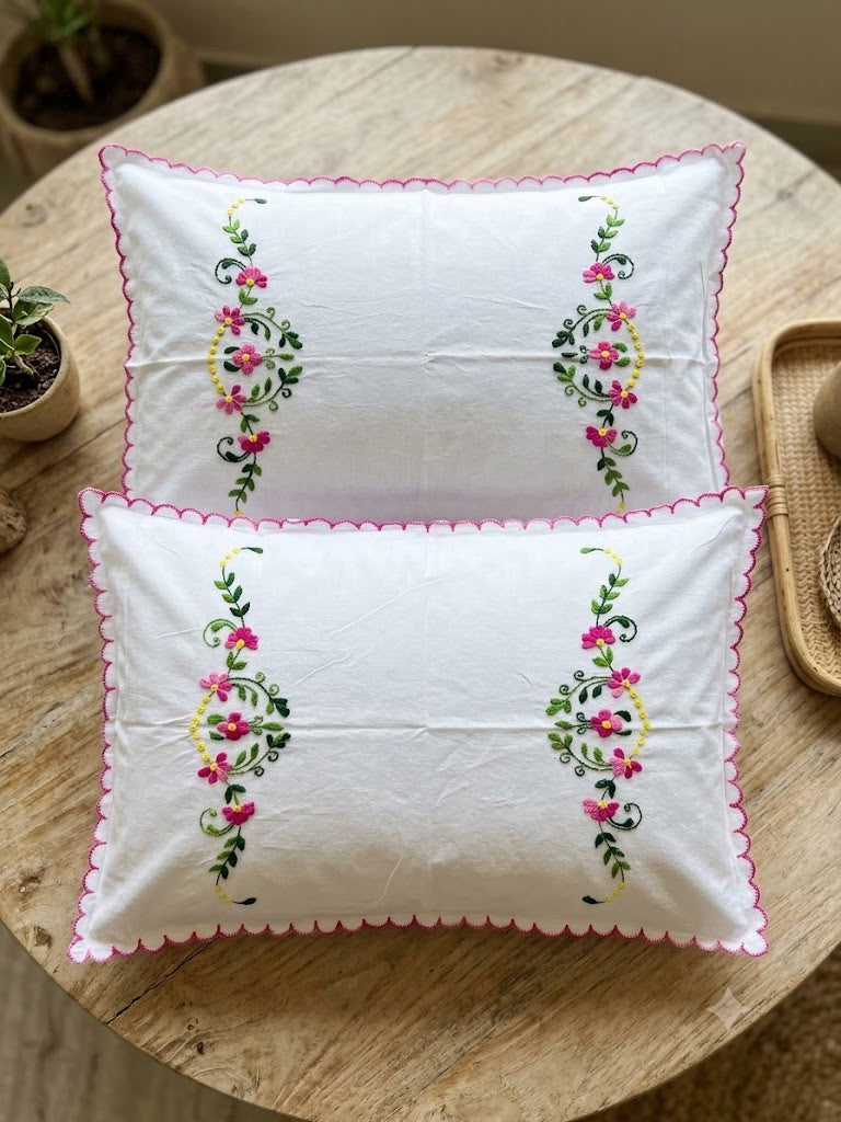 Chikonwala Hand-Embroidered Floral Pillow Cover Set– Set of 2
