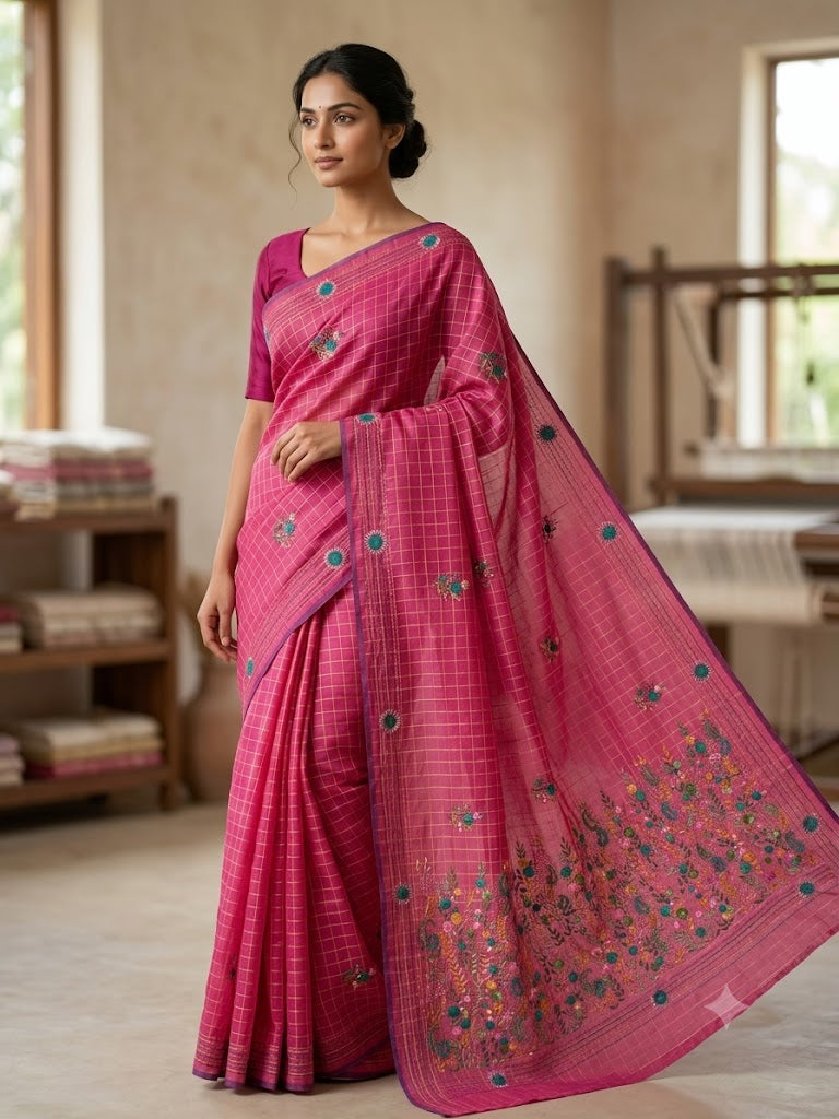 Premium Handcrafted Bullion Stitch Work Chanderi Saree with Blouse Piece
