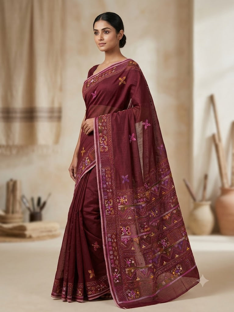 Premium Handcrafted Bullion Stitch Work Chanderi Saree with Blouse Piece
