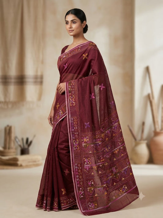 Premium Handcrafted Bullion Stitch Work Chanderi Saree with Blouse Piece