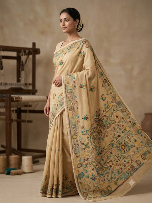 Premium Handcrafted Bullion Stitch Work Chanderi Saree with Blouse Piece