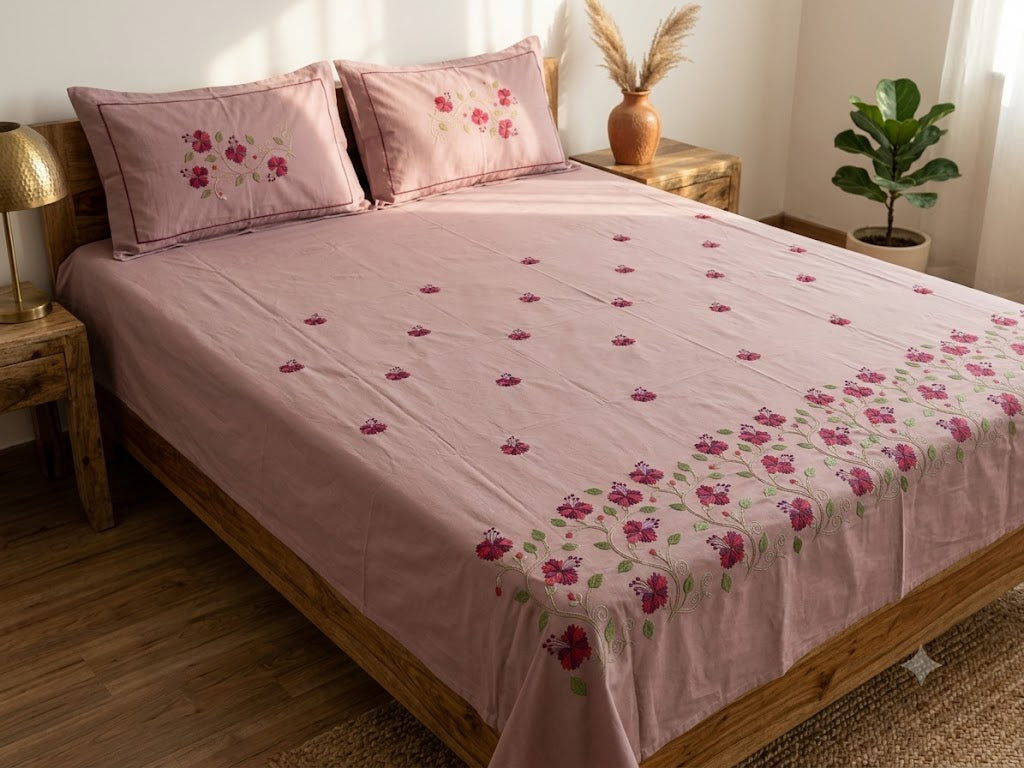 Premium Designer Embroidered Satin Cotton Bedsheet Set
