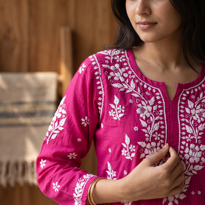 Hand Embroidered Chikankari Short Kurti – 3/4 Sleeve | Modal Fabric - Magenta