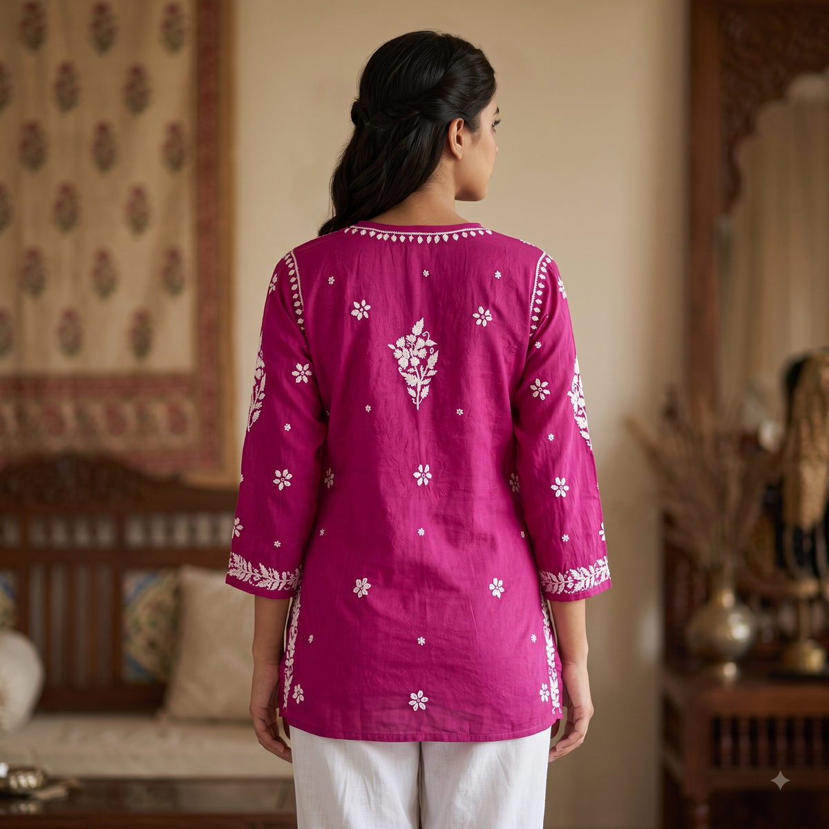Hand Embroidered Chikankari Short Kurti – 3/4 Sleeve | Modal Fabric - Magenta