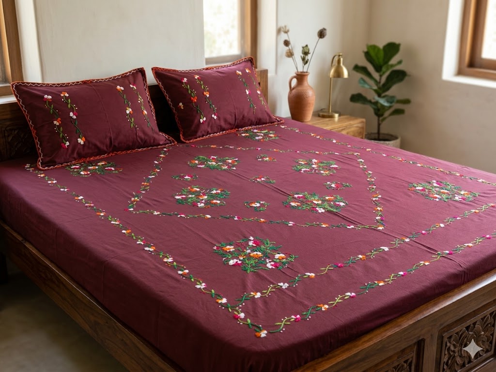 Chikonwala's Hand Embroidered Floral Design Bedsheet