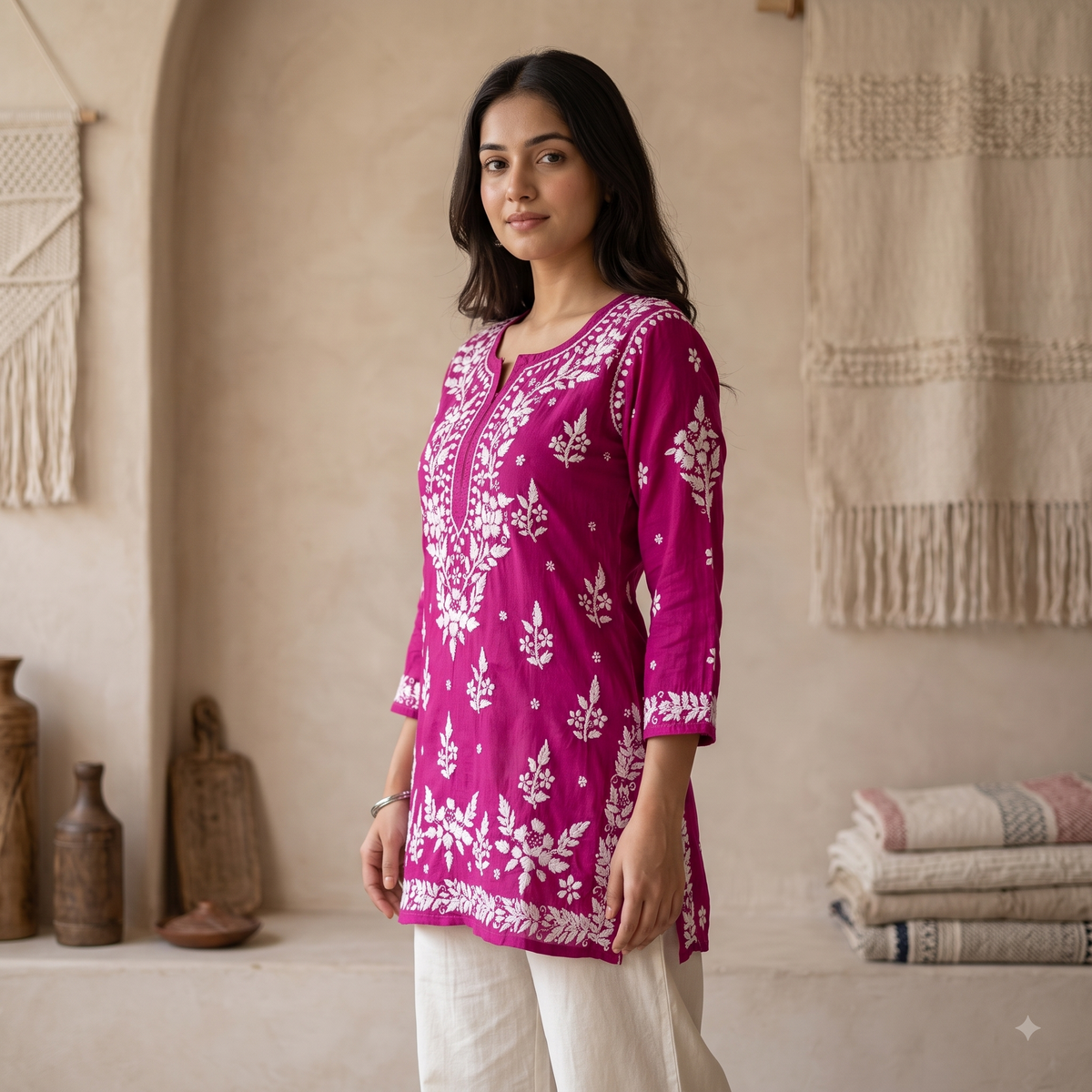 Hand Embroidered Chikankari Short Kurti – 3/4 Sleeve | Modal Fabric - Magenta