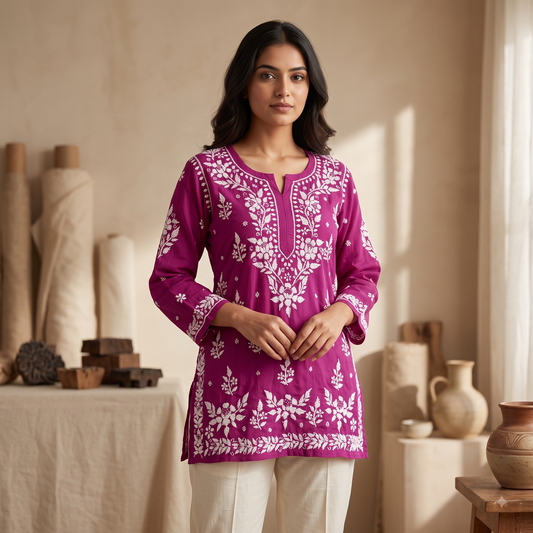 Hand Embroidered Chikankari Short Kurti – 3/4 Sleeve | Modal Fabric - Magenta