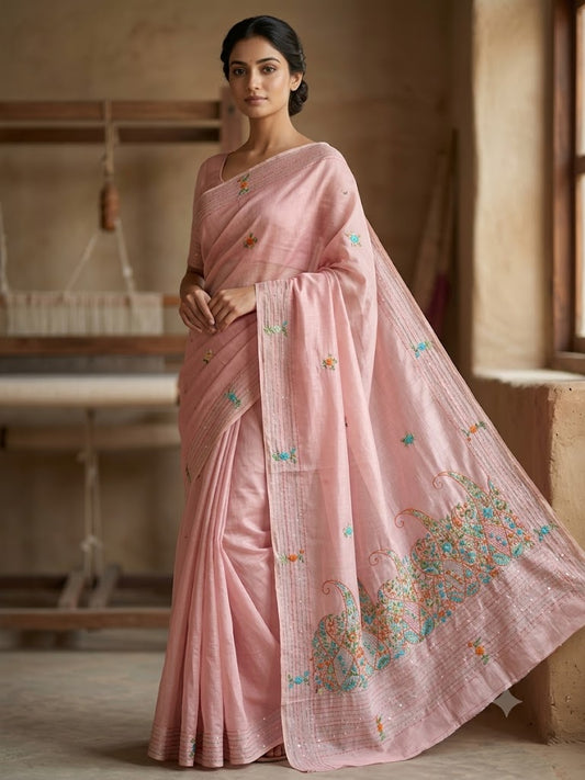Premium Handcrafted Bullion Stitch Work Chanderi Saree with Blouse Piece