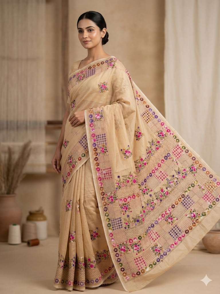 Premium Handcrafted Bullion Stitch Work Chanderi Saree with Blouse Piece