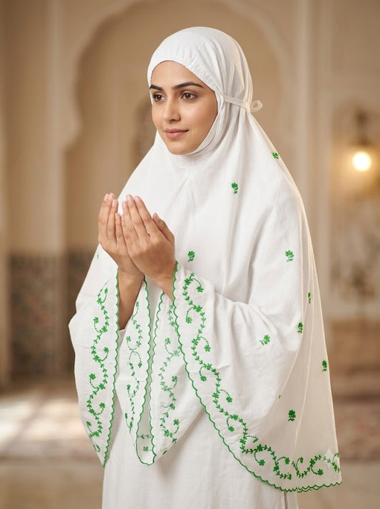 Chikonwala Hand Embroidered Cotton Islamic Namaz Hijab with Floral Embroidery