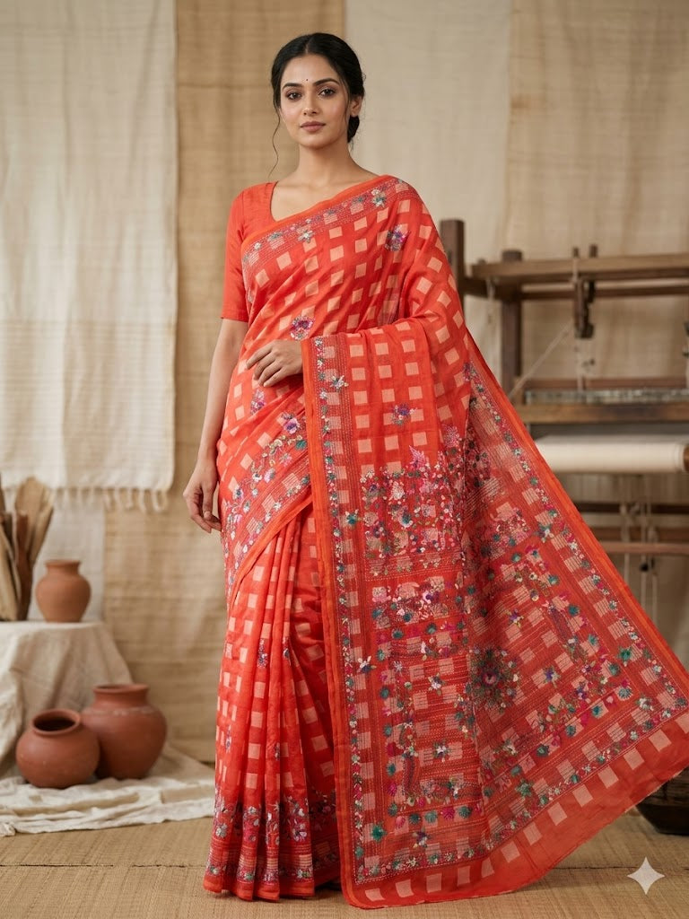 Premium Handcrafted Bullion Stitch Work Chanderi Saree with Blouse Piece