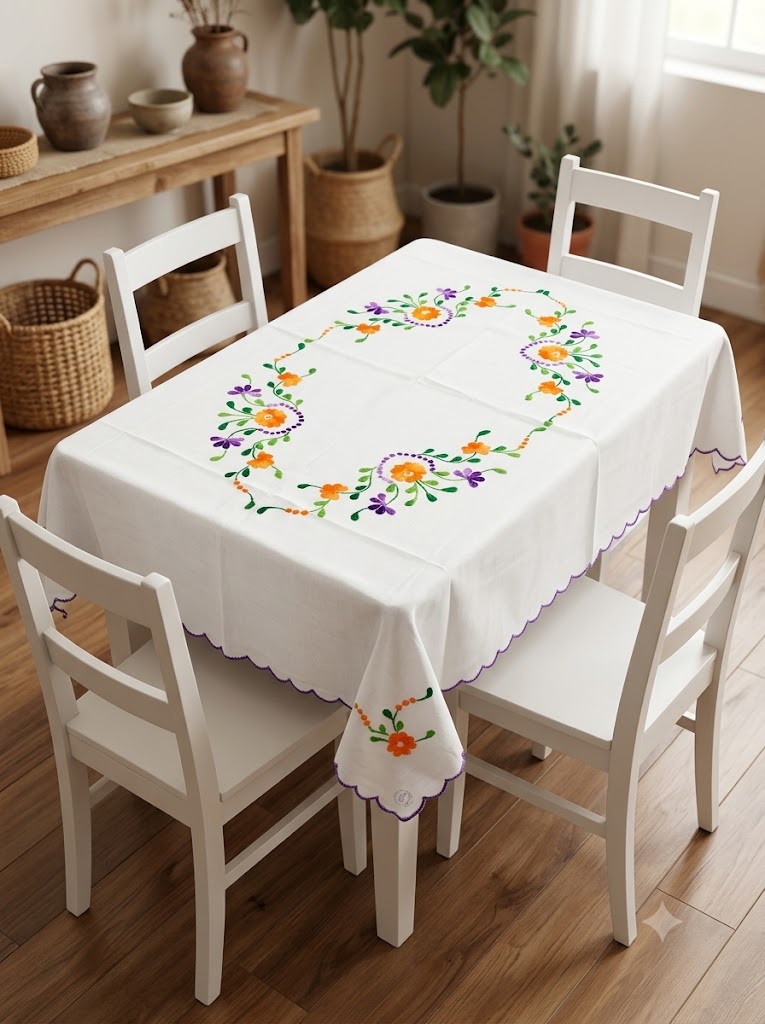 Hand Embroidered Four Seater Floral Table Cover