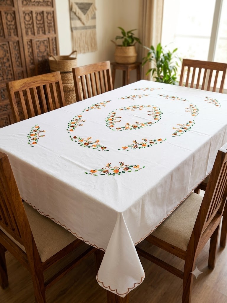 Hand Embroidered Floral Six Seater Table Cover
