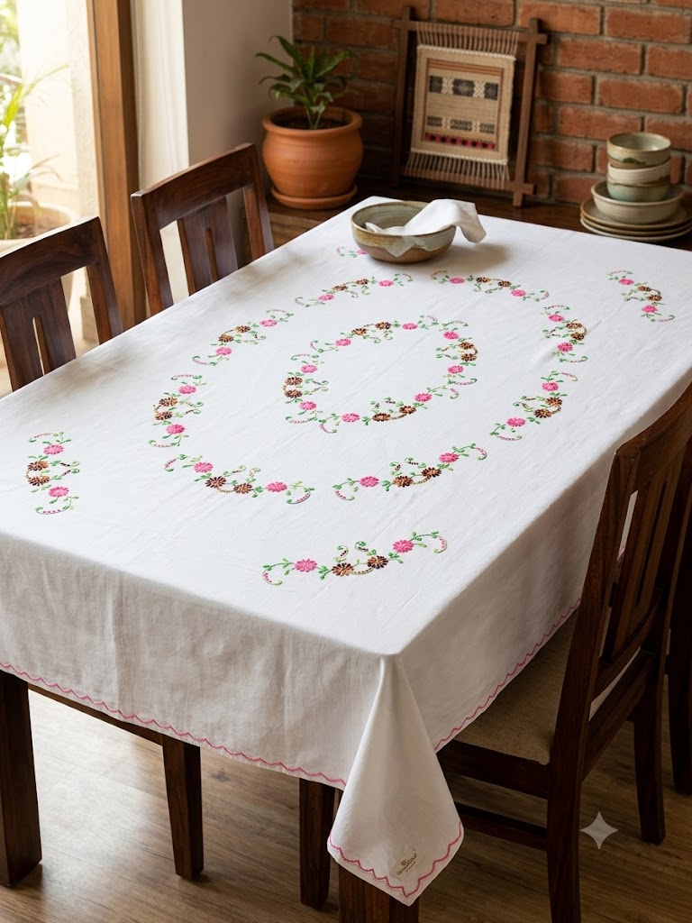 Hand Embroidered Floral Six Seater Table Cover