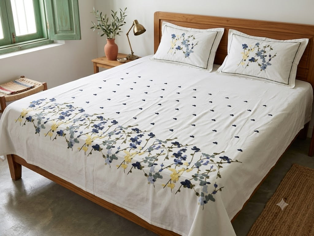 Premium Designer Embroidered Satin Cotton Bedsheet Set