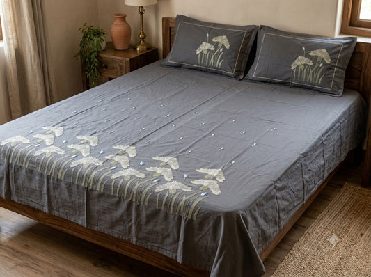 Premium Designer Embroidered Satin Cotton Bedsheet Set