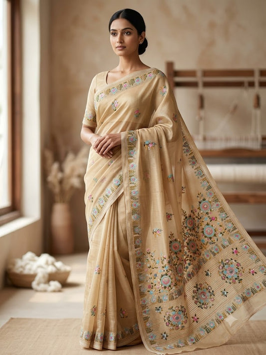 Premium Handcrafted Bullion Stitch Work Chanderi Saree with Blouse Piece