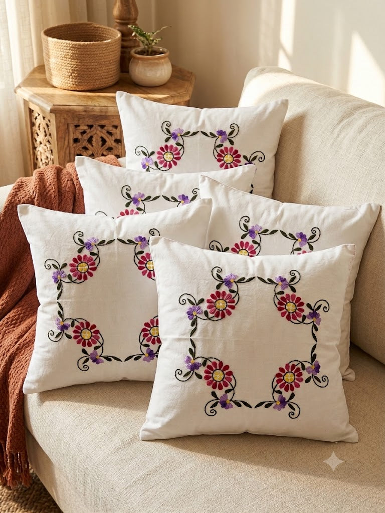 Hand Embroidered Cotton Cushion Covers (Set of 5)