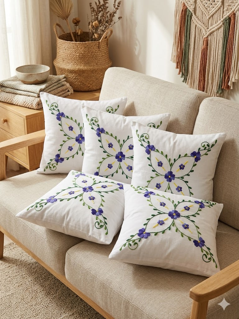 Hand Embroidered Cotton Cushion Covers (Set of 5)
