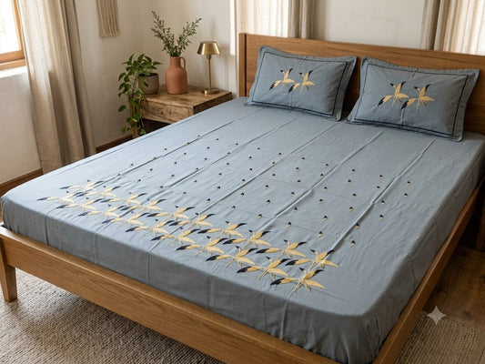 Premium Designer Embroidered Satin Cotton Bedsheet Set