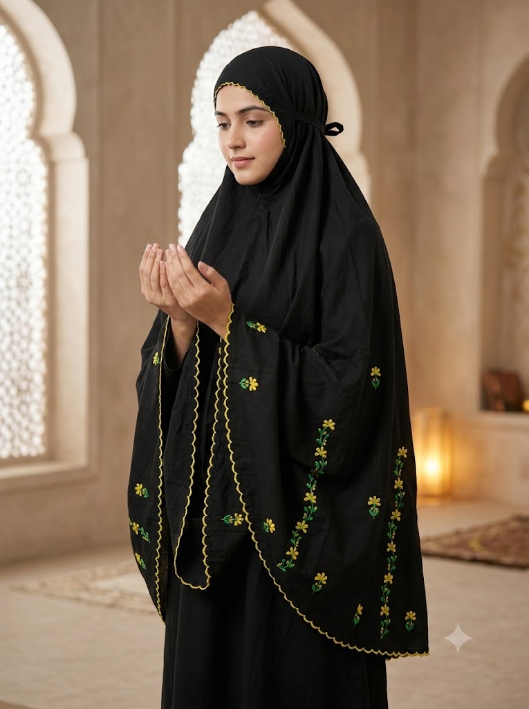 Chikonwala Hand Embroidered Cotton Islamic Namaz Hijab with Floral Embroidery