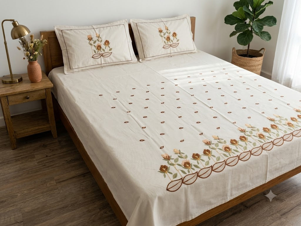 Premium Designer Embroidered Satin Cotton Bedsheet Set