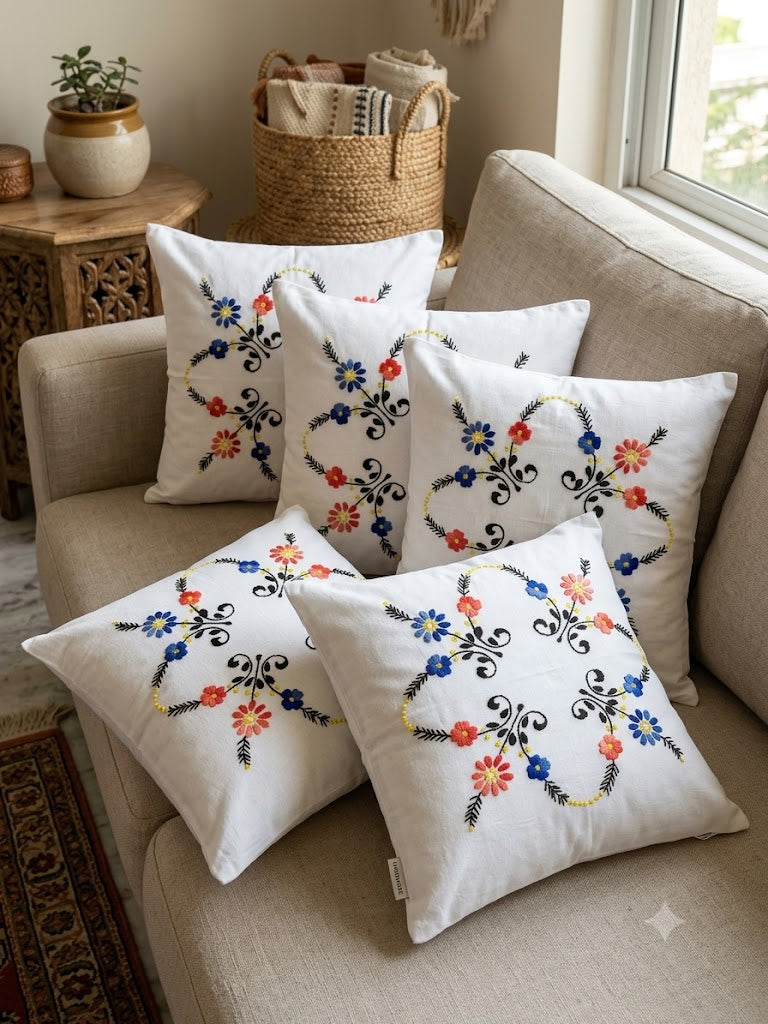 Hand Embroidered Cotton Cushion Covers (Set of 5)