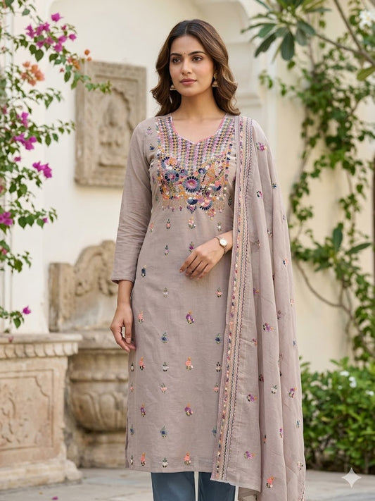 Chikonwala Premium Hand Embroidered Contrast Cotton Chandri Dress Material Set – Pure Cotton | Bullion Stitch Work | 2.5m Top, Bottom & Dupatta