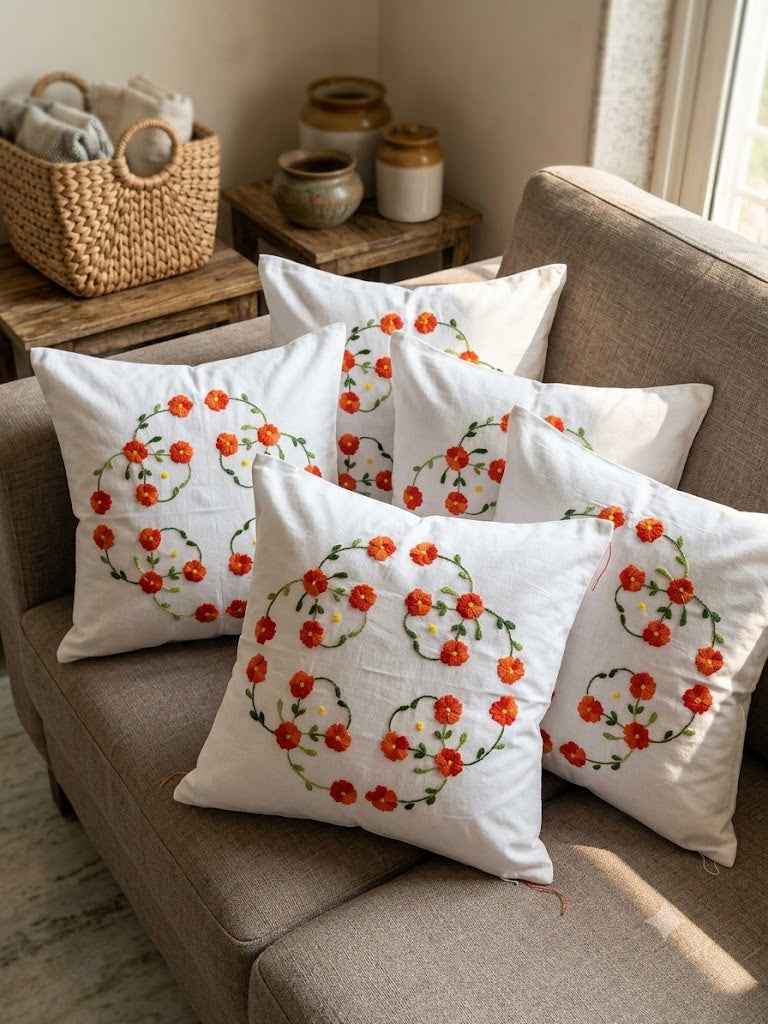 Hand Embroidered Cotton Cushion Covers (Set of 5)