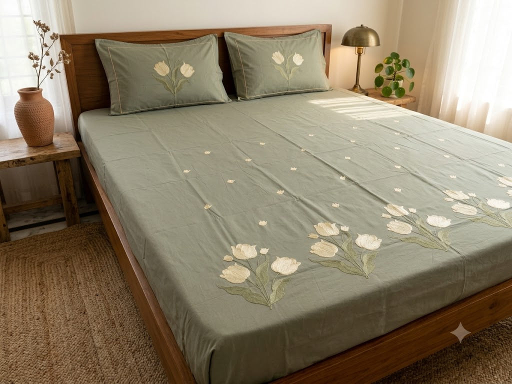 Premium Designer Embroidered Satin Cotton Bedsheet Set