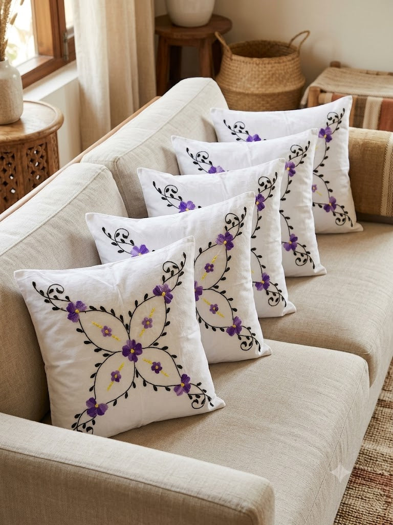 Hand Embroidered Cotton Cushion Covers (Set of 5)