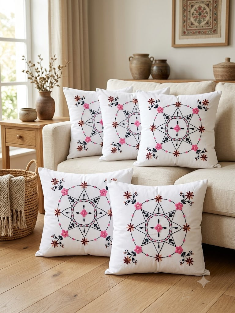 Hand Embroidered Cotton Cushion Covers (Set of 5)