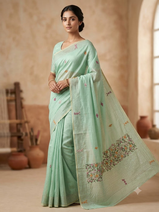 Premium Handcrafted Bullion Stitch Work Chanderi Saree with Blouse Piece