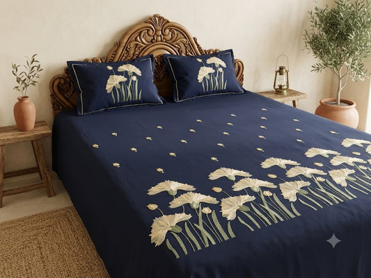 Premium Designer Embroidered Satin Cotton Bedsheet Set