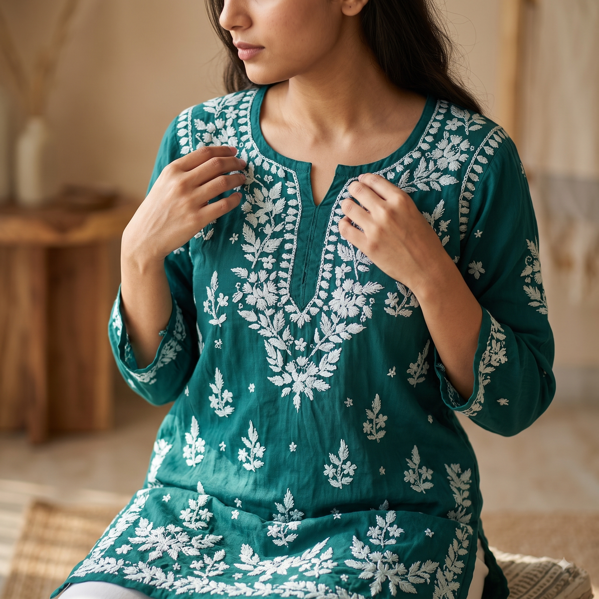 Hand Embroidered Chikankari Short Kurti – 3/4 Sleeve | Modal Fabric - Forest Green