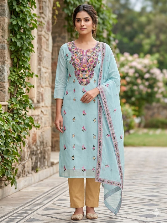 Chikonwala Premium Hand Embroidered Contrast Cotton Chandri Dress Material Set – Pure Cotton | Bullion Stitch Work | 2.5m Top, Bottom & Dupatta