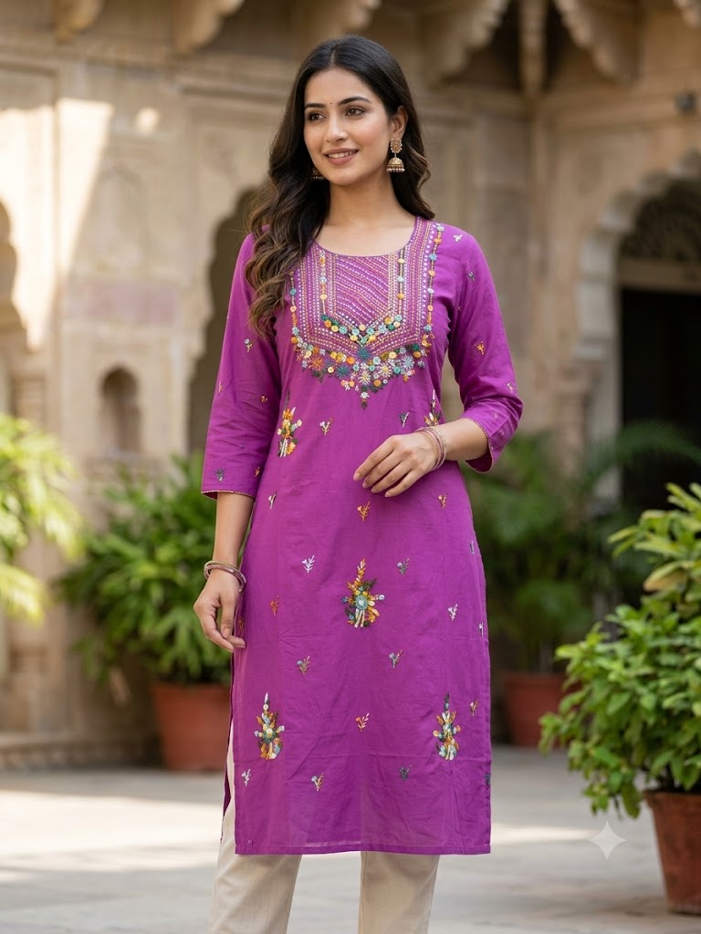Hand Embroidered Pure Cotton Kurti Material | 3 Meter Premium Fabric | Made in India