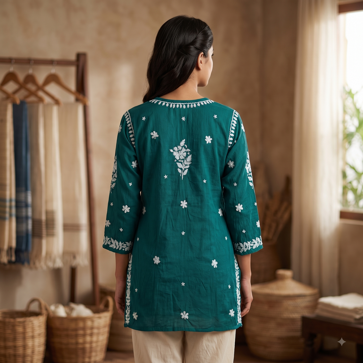 Hand Embroidered Chikankari Short Kurti – 3/4 Sleeve | Modal Fabric - Forest Green
