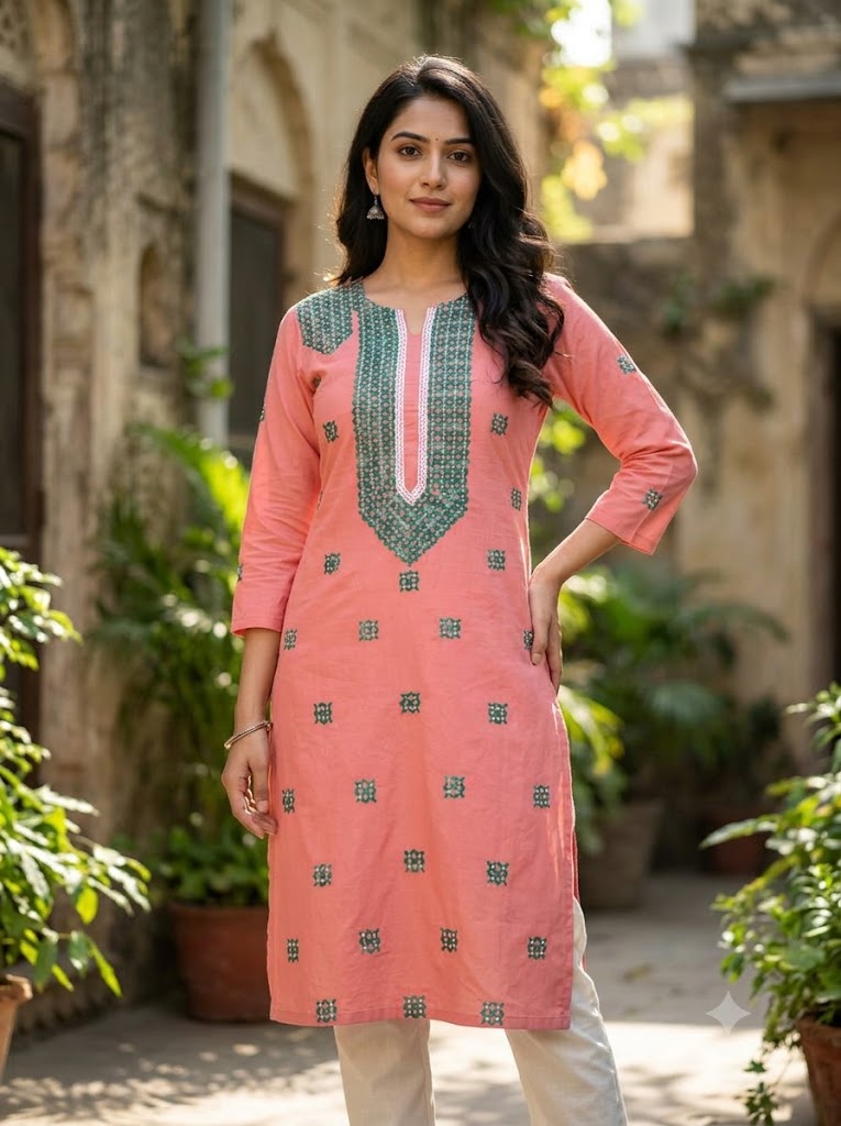 Hand Embroidered Pure Cotton Kurti Material | 3 Meter Premium Fabric | Made in India