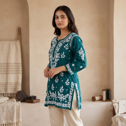 Hand Embroidered Chikankari Short Kurti – 3/4 Sleeve | Modal Fabric - Forest Green